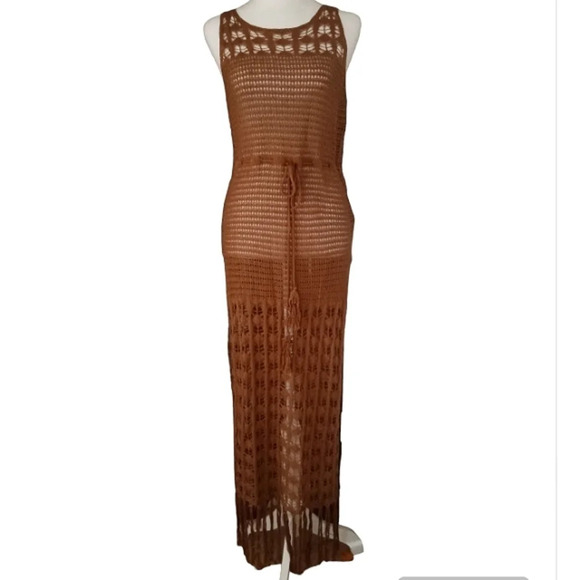 Micas Brown Crochet Drawstring Waist Maxi Length Fringe Dress Size Medium NWT - Picture 1 of 5